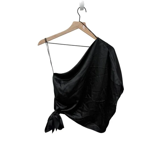 THE SEI Black 100% Silk One Shoulder Side Tie Draped Blouse Top Size 0 - Picture 2 of 6